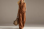 Women's solid linen sleeveless tank top and full-length pants set by FitiqueFit, casualwear with a relaxed fit in natural linen fabric.