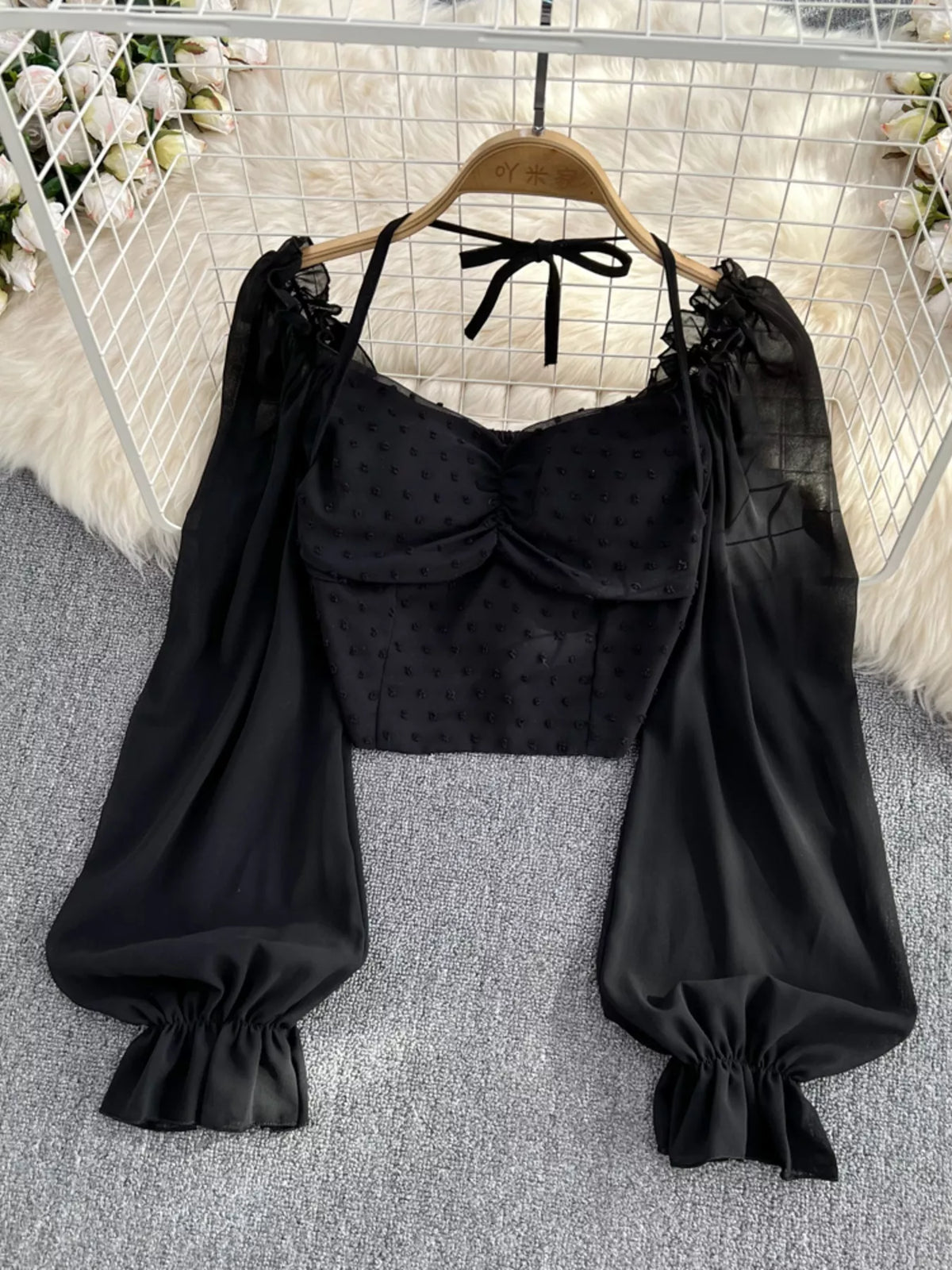 Elegant plush fashion hub Swiss dot ruffled flounce sleeve blouse, long sleeve women’s top with a dressy, feminine design.