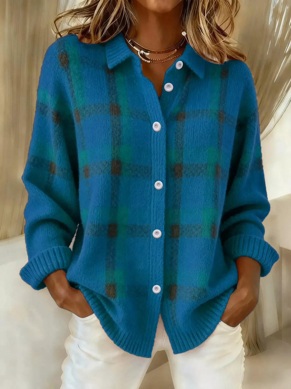 Trendsi plaid button-up cardigan with a classic checkered pattern, featuring a V-neck and button closure.