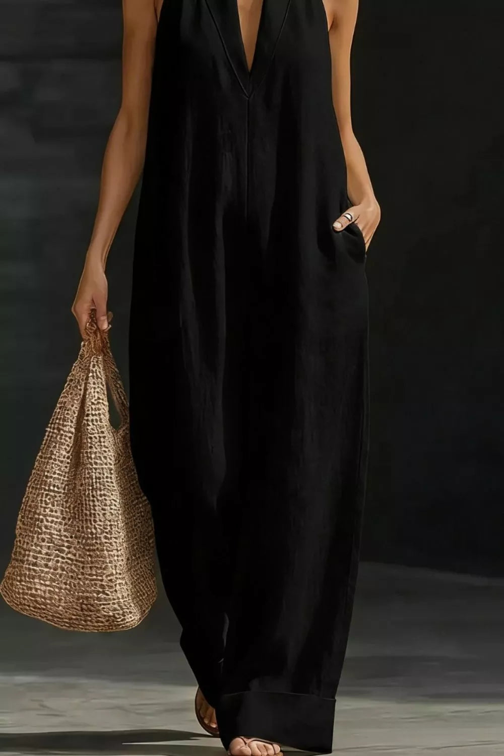 Women's sleeveless wide-leg jumpsuit by Plush Fashion Hub with pockets, casual romper in a relaxed fit and stylish design.