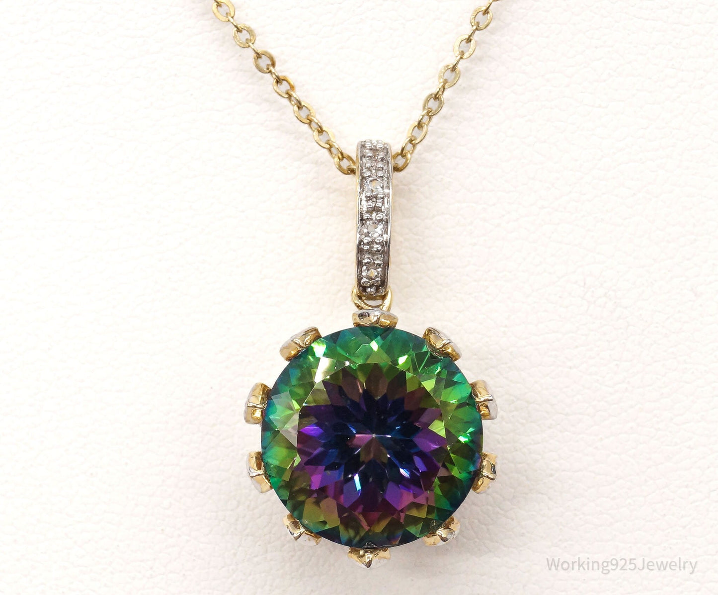 VTG Mystic Topaz Cubic Zirconia Gold Vermeil Sterling Silver Crown Necklace Working 925 Jewelry