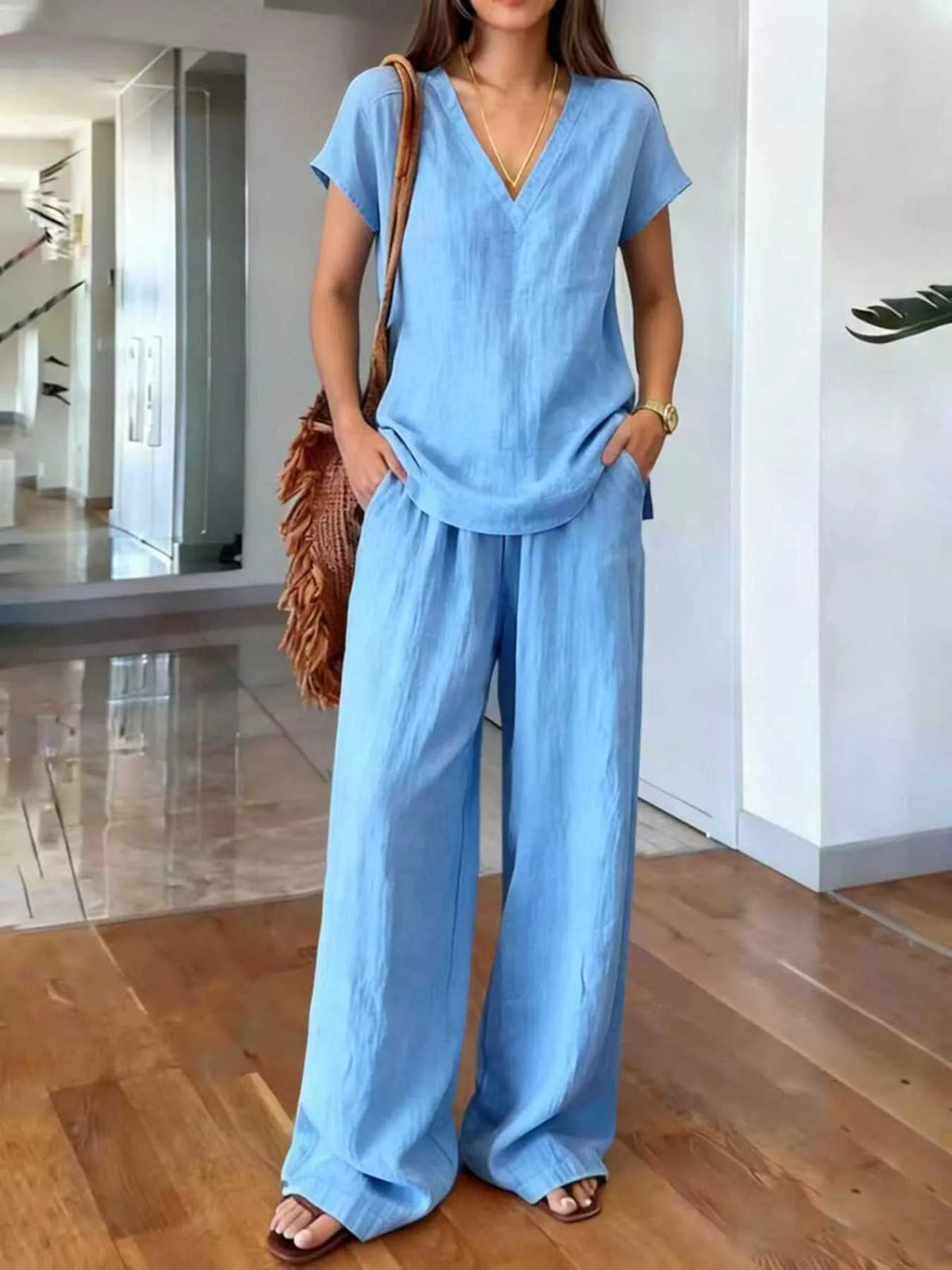 Plus size V-neck short sleeve lounge set by Plush Fashion Hub, featuring a comfortable top and matching pants.