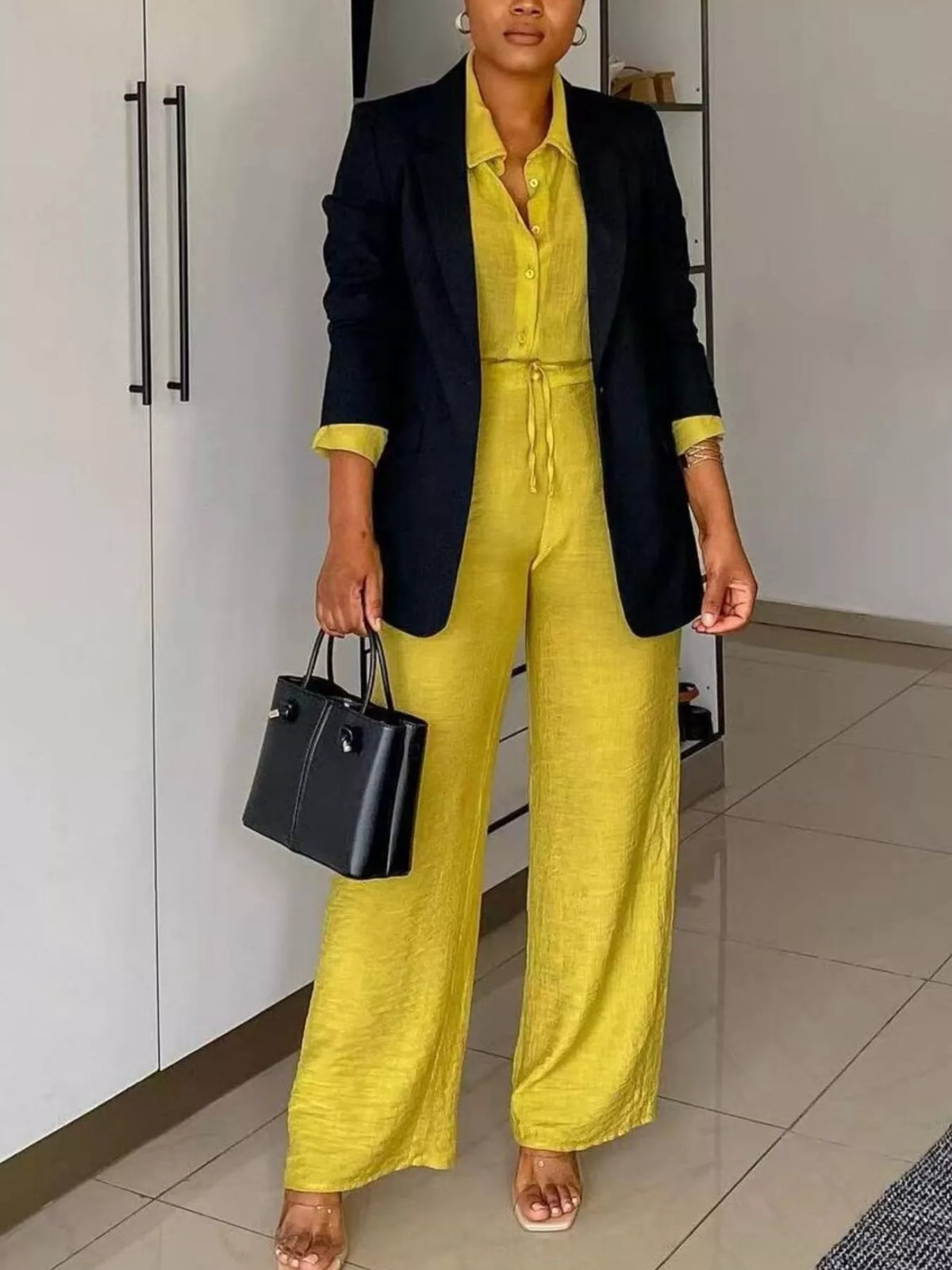 Plush Fashion Hub two-piece set with tie-front top and wide-leg pants, featuring soft fabric and trendy style.