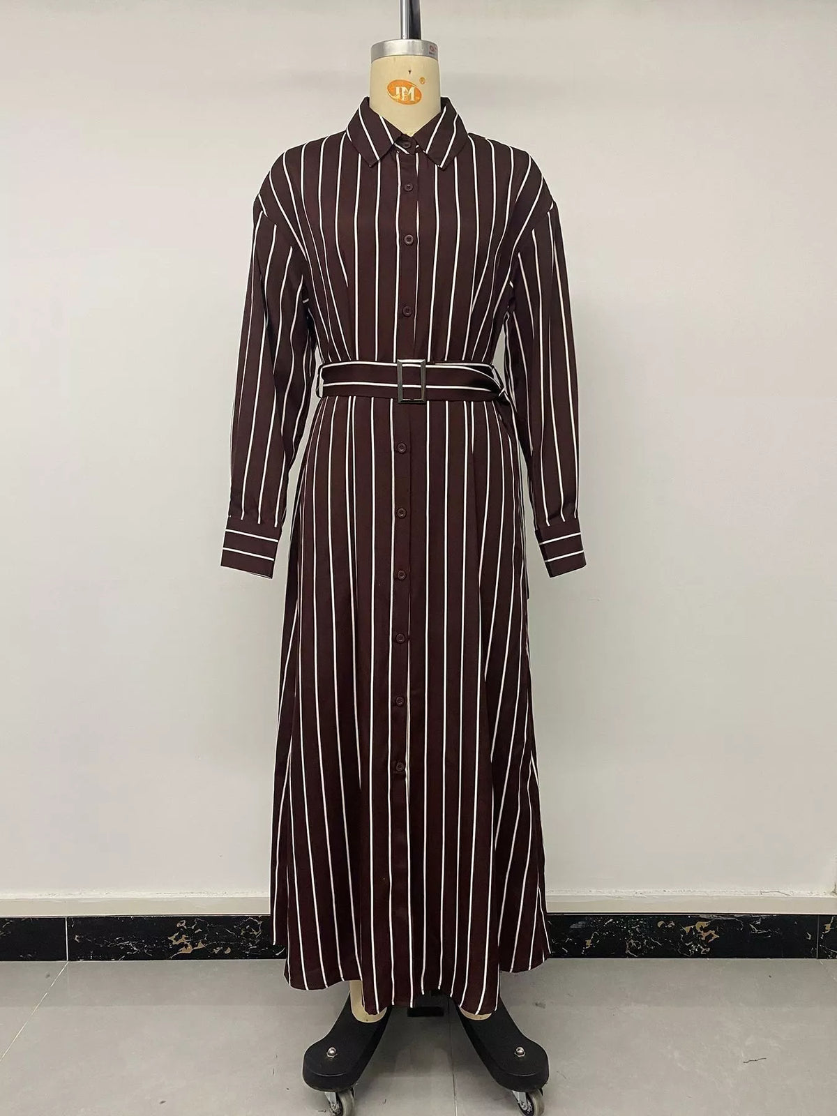 Striped long sleeve belted shirt dress for women, stylish and casual, featuring a classic collar and tie waist from Trendsi.