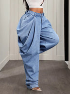 Baggy ruched jeans from Shopimist featuring a relaxed fit, high waist, and ruching details, shown in a casual streetwear style.