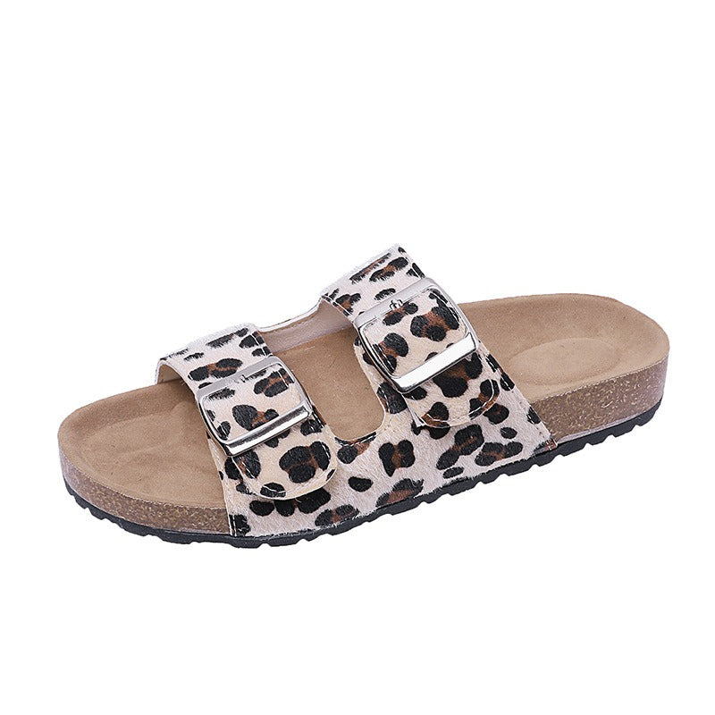 Leopard print buckle slide sandals by Plush Fashion Hub featuring a stylish design and comfortable slip-on style.