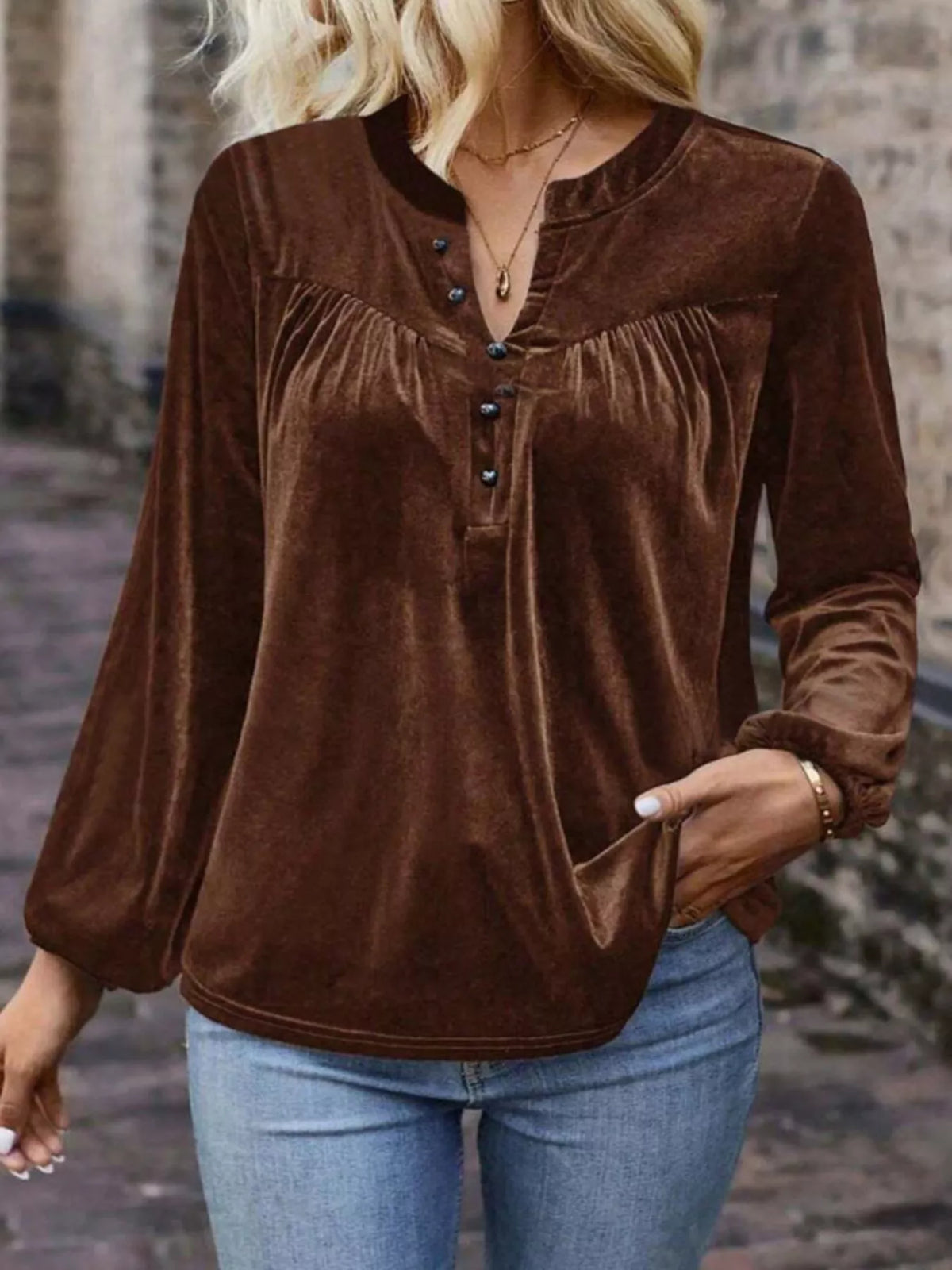 Simply Love velvet notched long sleeve blouse featuring a stylish collar and elegant design, perfect for dressy or casual wear.