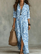 FitiqueFit digital print lapel midi shirt dress in casualwear style, available in 5 colors, size S to 3XL.