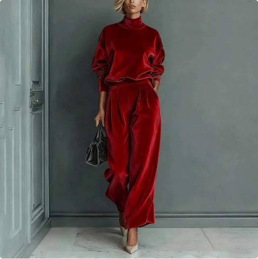 LadyShow.Store casual warm velour long-sleeve high-neck zipper sportswear with wide-leg pants, solid color, and comfortable activewear style