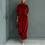 LadyShow.Store casual warm velour long-sleeve high-neck zipper sportswear with wide-leg pants, solid color, and comfortable activewear style