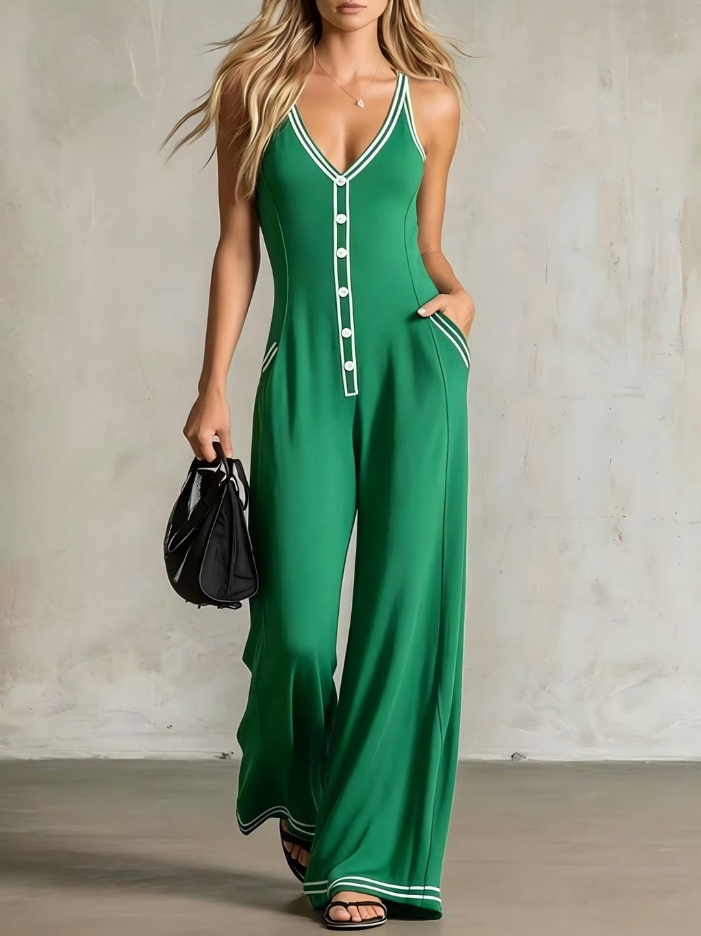 Women's FitiqueFit V-neck backless wide-leg jumpsuit with high waist, casual style, shown hanging on a hanger.