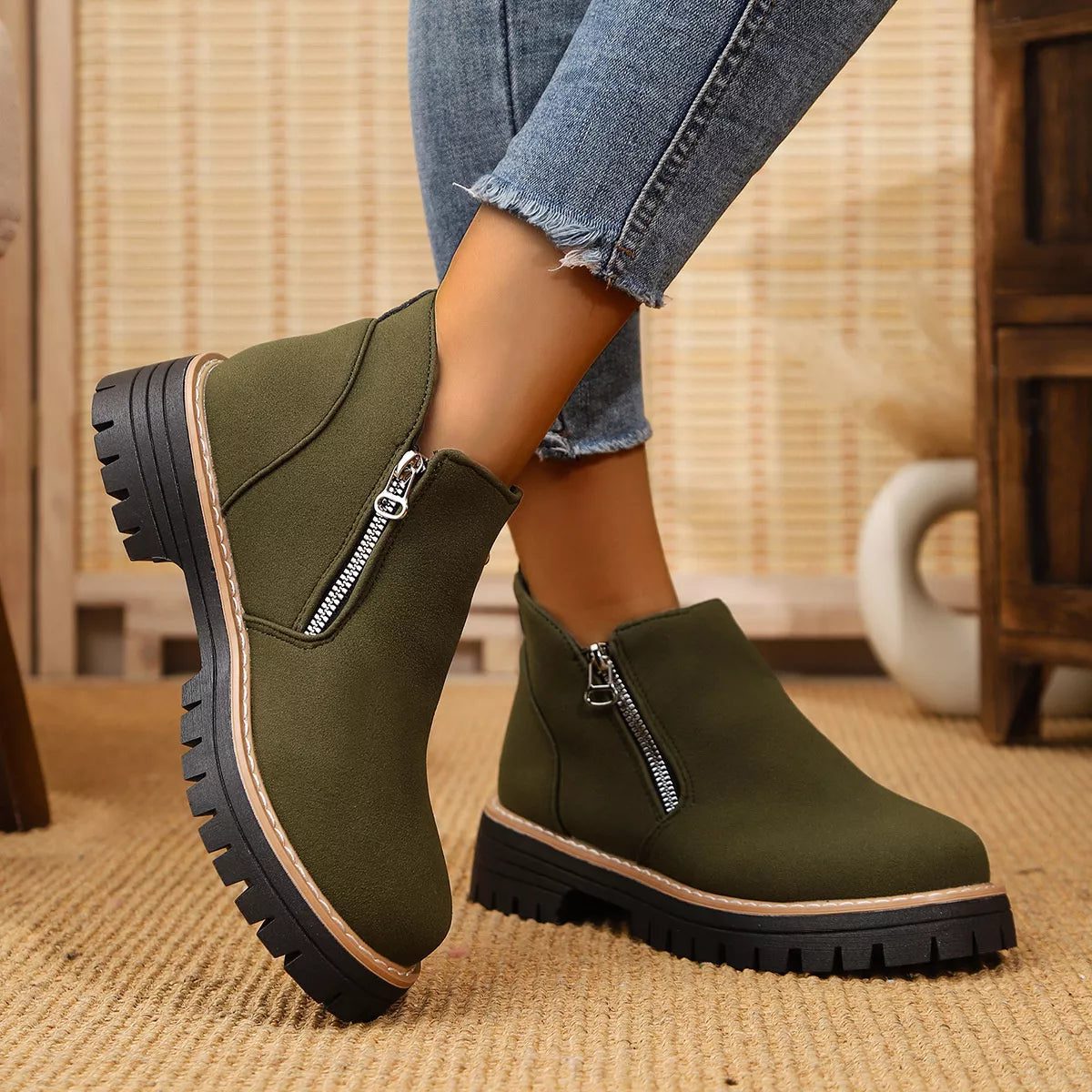 Trendsi ankle boots with zipper accent, stylish footwear featuring black leather with side zipper detail and chunky heel.