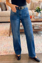 Yusra Seam Detail Shift Jeans by Threaded Pear, showcasing classic denim with subtle seam accents and a fitted silhouette.