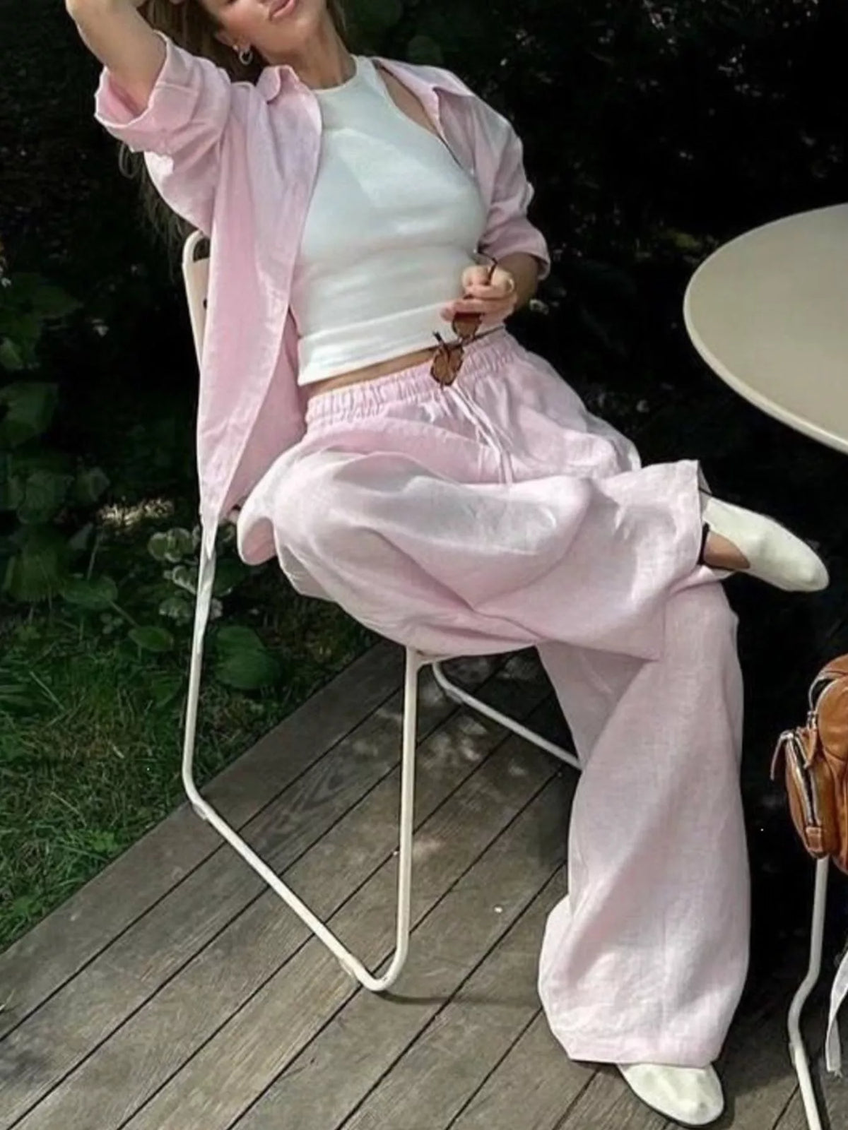 Plush Fashion Hub loungewear set with button-up shirt and drawstring pants, soft and comfortable for relaxed wear.