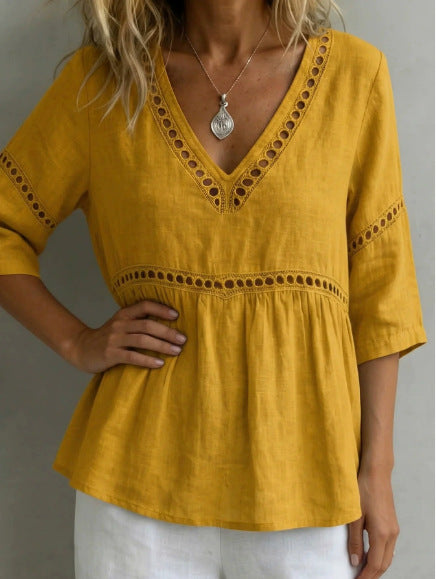 Women's V-neck hollow-out fringe cotton-linen top by FitiqueFit, featuring a casual V-neck design with fringe and hollow-out details.