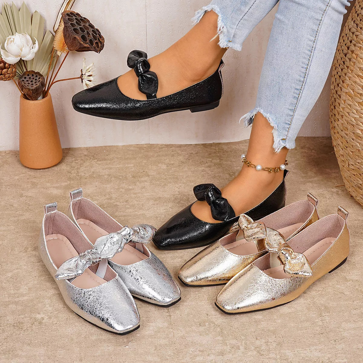 Plush Fashion Hub bow square toe slip-on sandals with plush fabric and stylish design, perfect for casual summer wear.