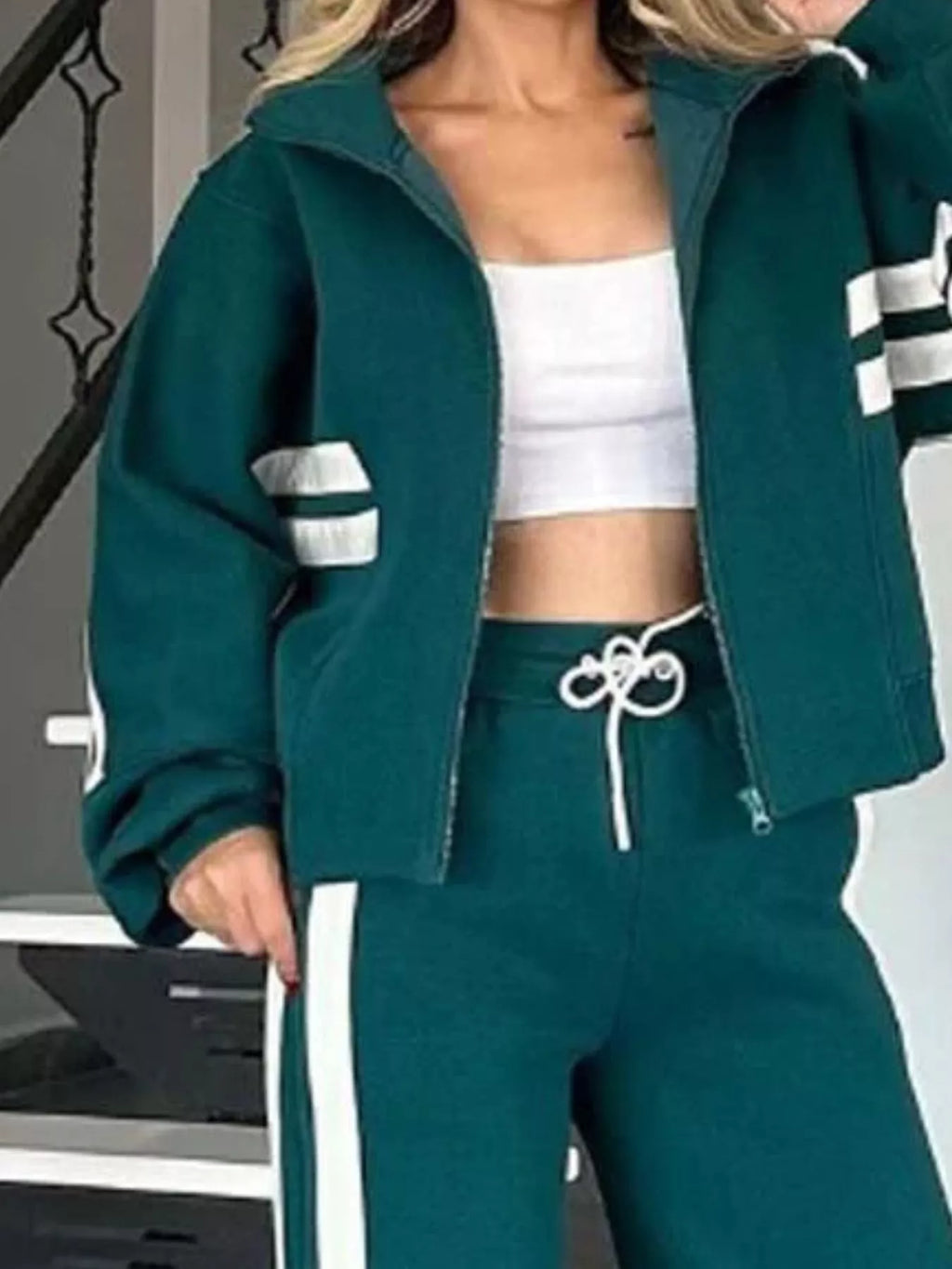 Plus size contrast stripe zip-up activewear jacket and pants set by Plush Fashion Hub, full size, featuring bold stripe details.