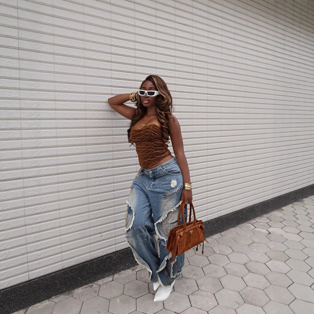 Wave Frayed Ripped Edge Denim Jeans
