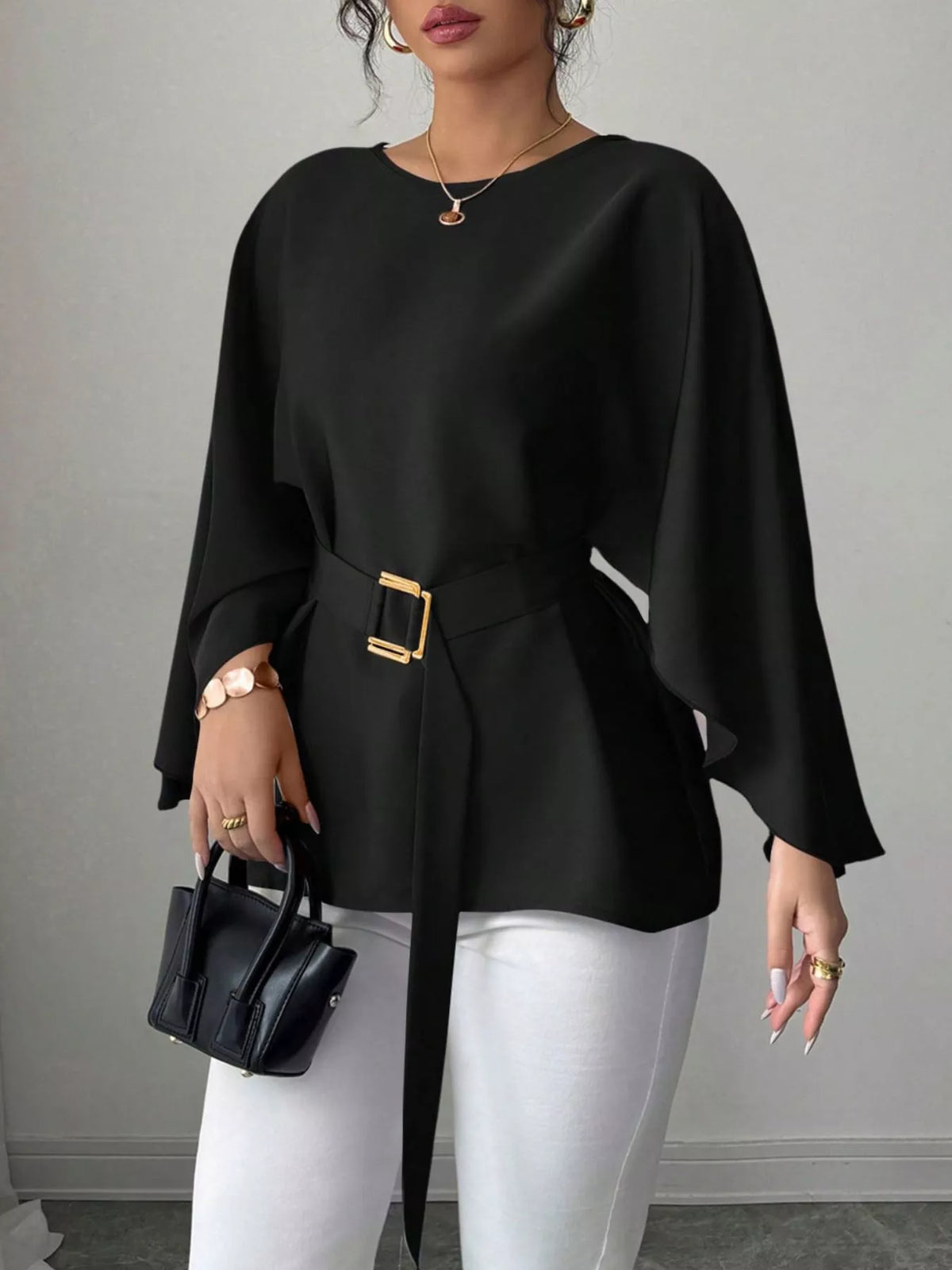 Plush Fashion Hub batwing sleeve belted blouse featuring a relaxed fit and stylish design, perfect for casual or office wear.