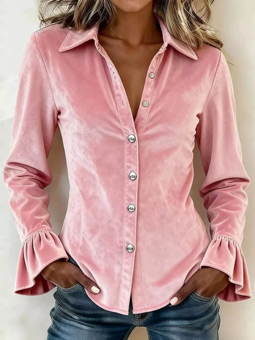 Plus size velvet button-up flare sleeve shirt from Trendsi, showing a full-length view of the stylish, fitted top.