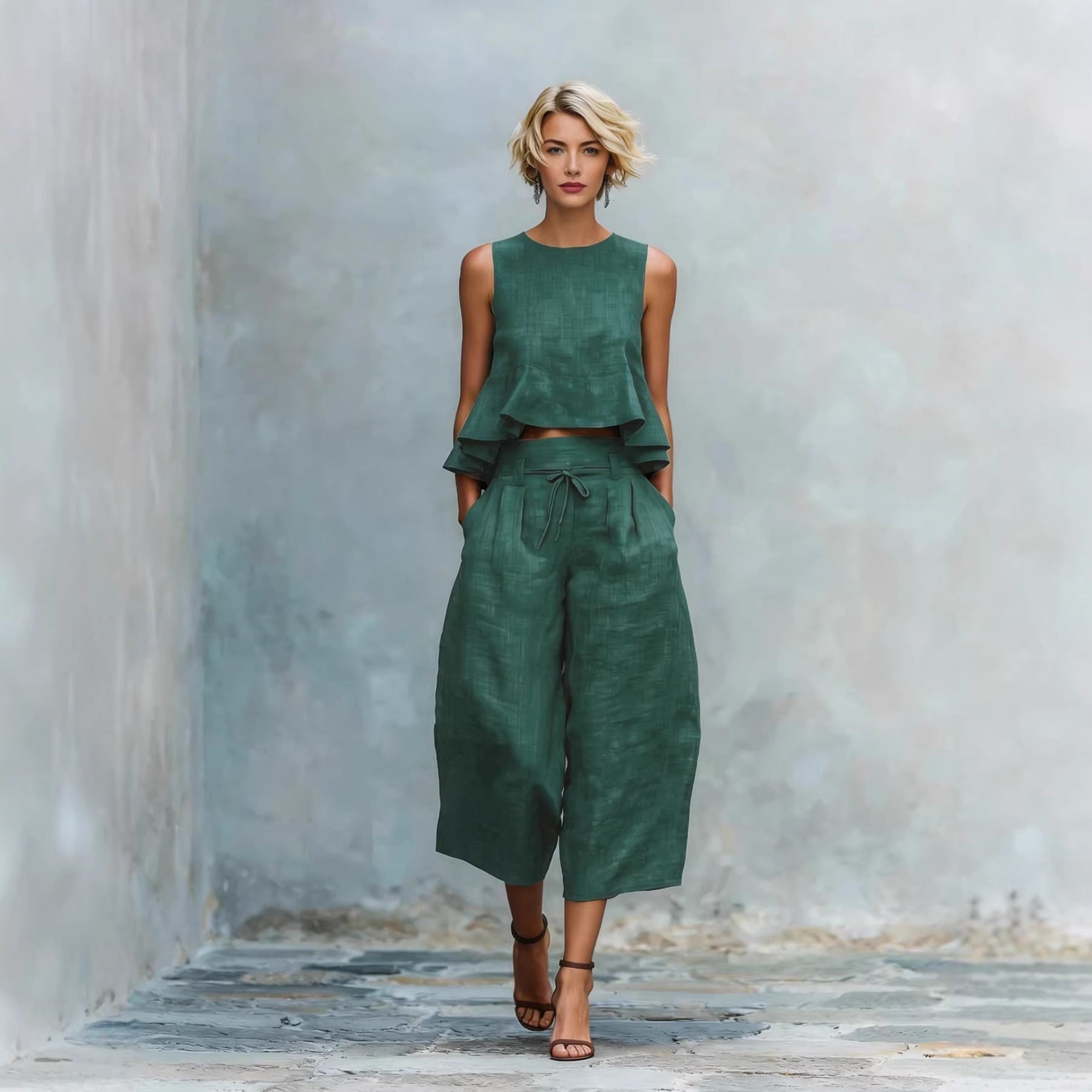 Women's linen-blend sleeveless two-piece set with ruffled detailing by Plush Fashion Hub, featuring a crop top and matching skirt.
