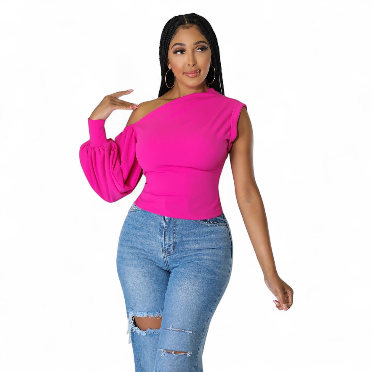 Plush Fashion Hub one shoulder puff sleeve blouse with stylish design, featuring a single shoulder and puffed sleeve detail.
