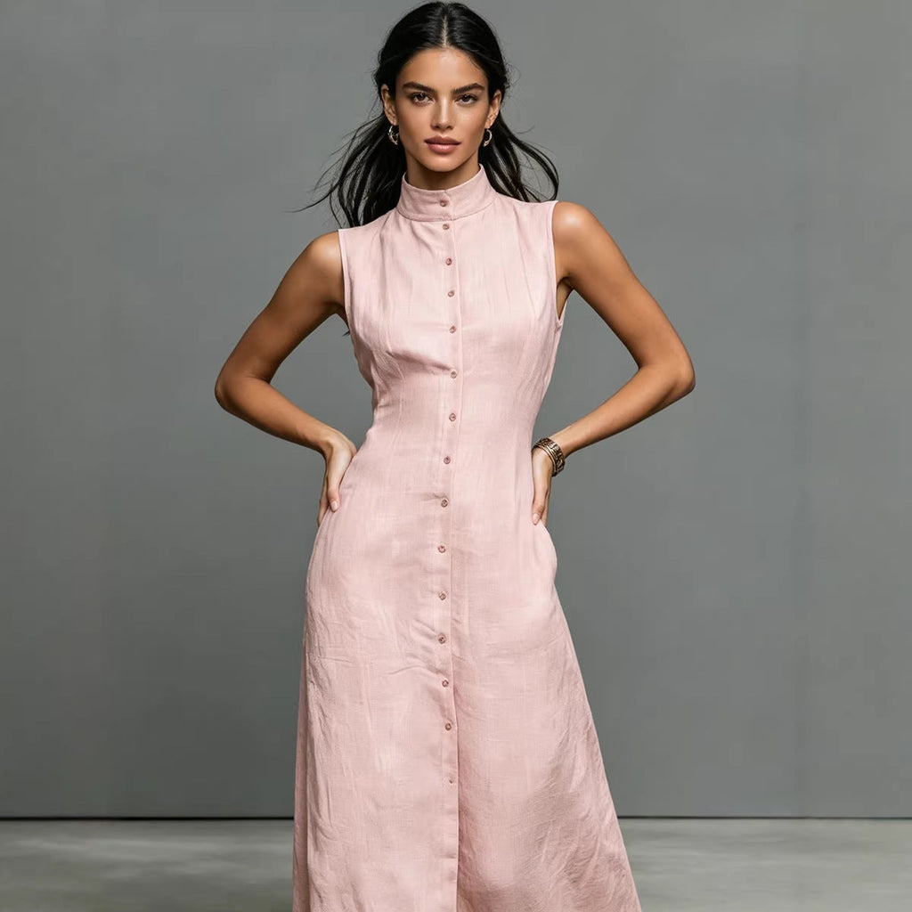 Women's sleeveless midi dress with stand collar and single-breasted design from FitiqueFit, perfect for casual wear.