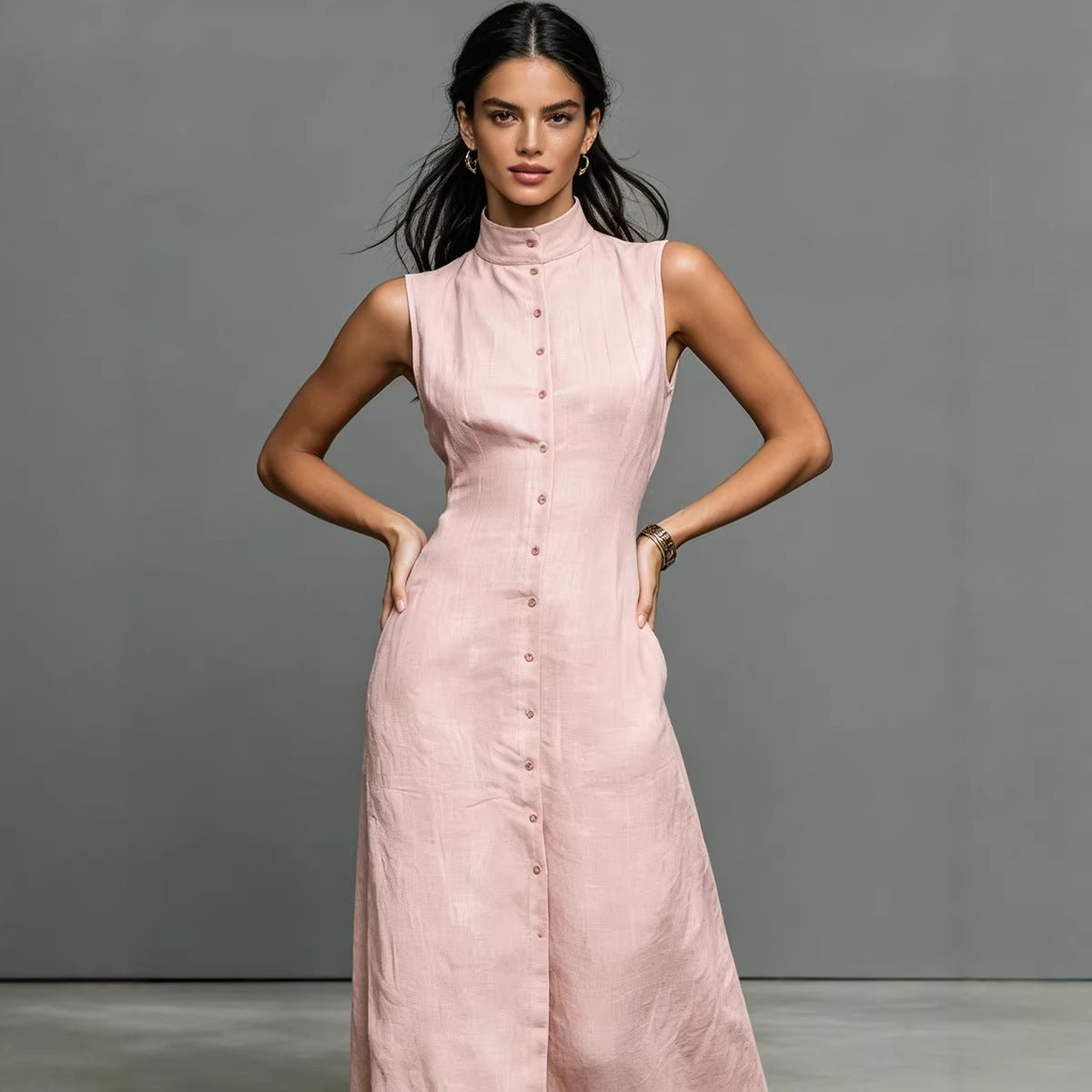 Women's sleeveless midi dress with stand collar and single-breasted design from FitiqueFit, perfect for casual wear.