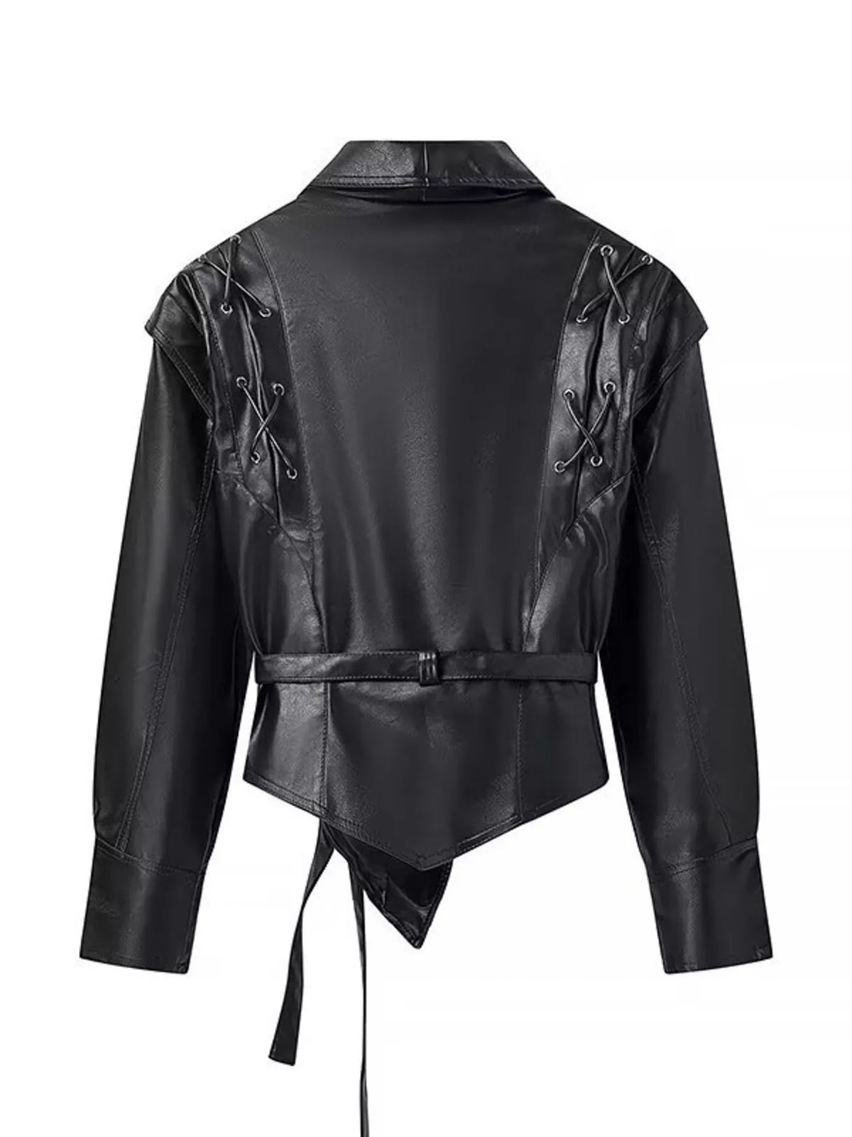 Women's leather belted jacket with shawl collar by Trendsi, featuring a stylish silhouette and detailed collar design.