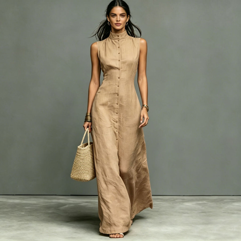 Women's sleeveless midi dress with stand collar and single-breasted design by FitiqueFit, casualwear ideal for warm-weather outfits.