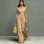 Women's sleeveless midi dress with stand collar and single-breasted design by FitiqueFit, casualwear ideal for warm-weather outfits.