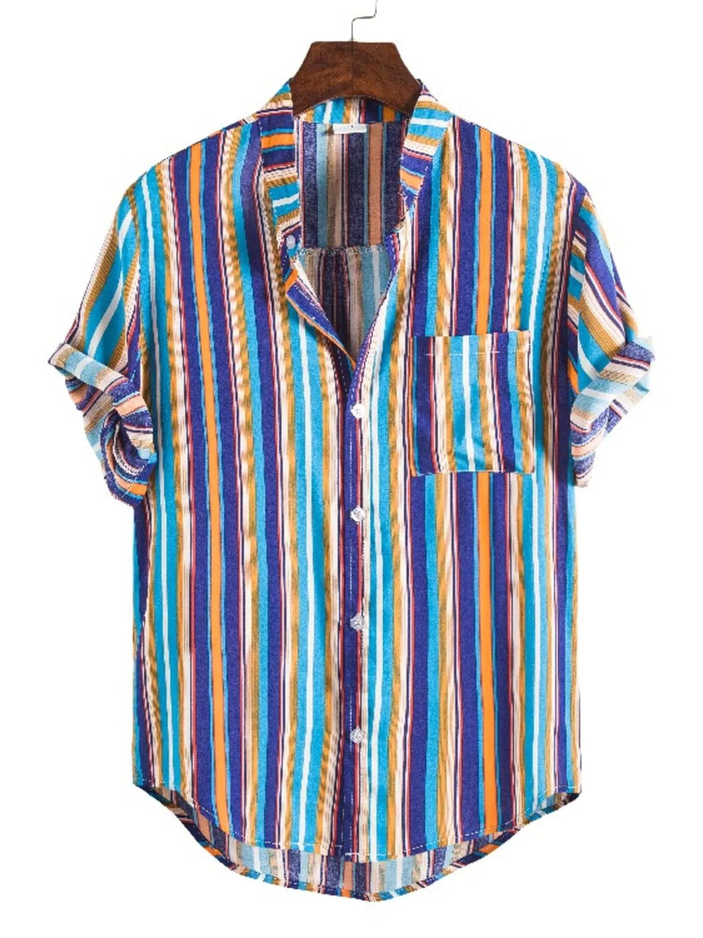 Men's plus size striped button-up short sleeve shirt by Trendsi, featuring a colorful striped pattern and classic collar.