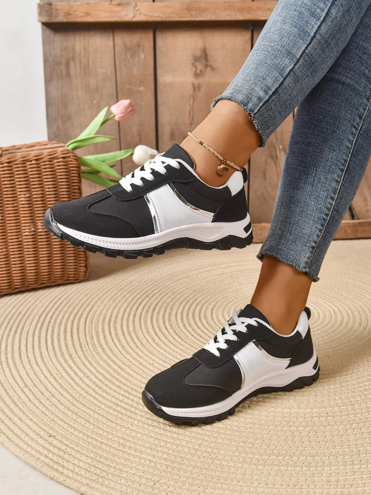 Contrast lace-up sneakers from Trendsi featuring stylish design and comfortable footwear for casual wear.