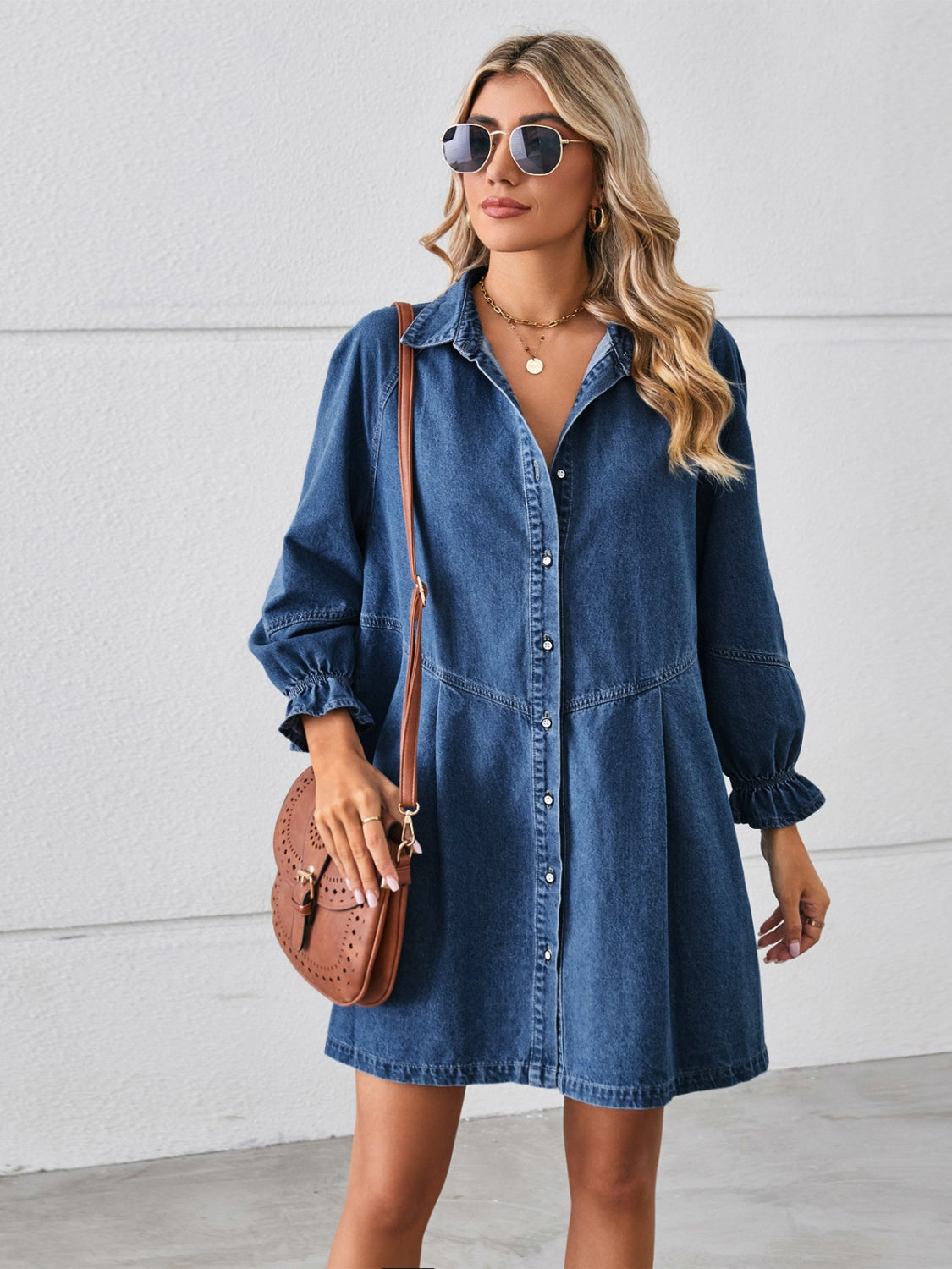 Plush Fashion Hub button-up mini denim dress with flounce sleeves, stylish casual clothing for women.