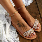 Women's rhinestone flat sandals with large size, buckle strap, and fashion style by LadyShow.Store, featuring shiny embellishments.