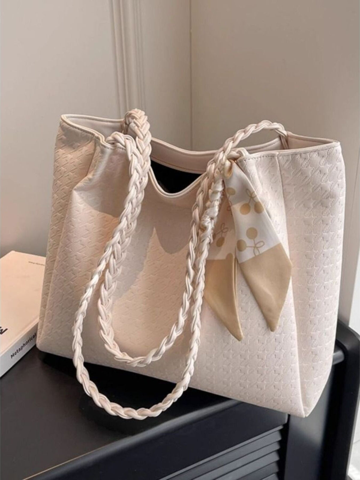 Plush Fashion Hub braided handle tote bag with sturdy straps and spacious interior, ideal for everyday casual use.