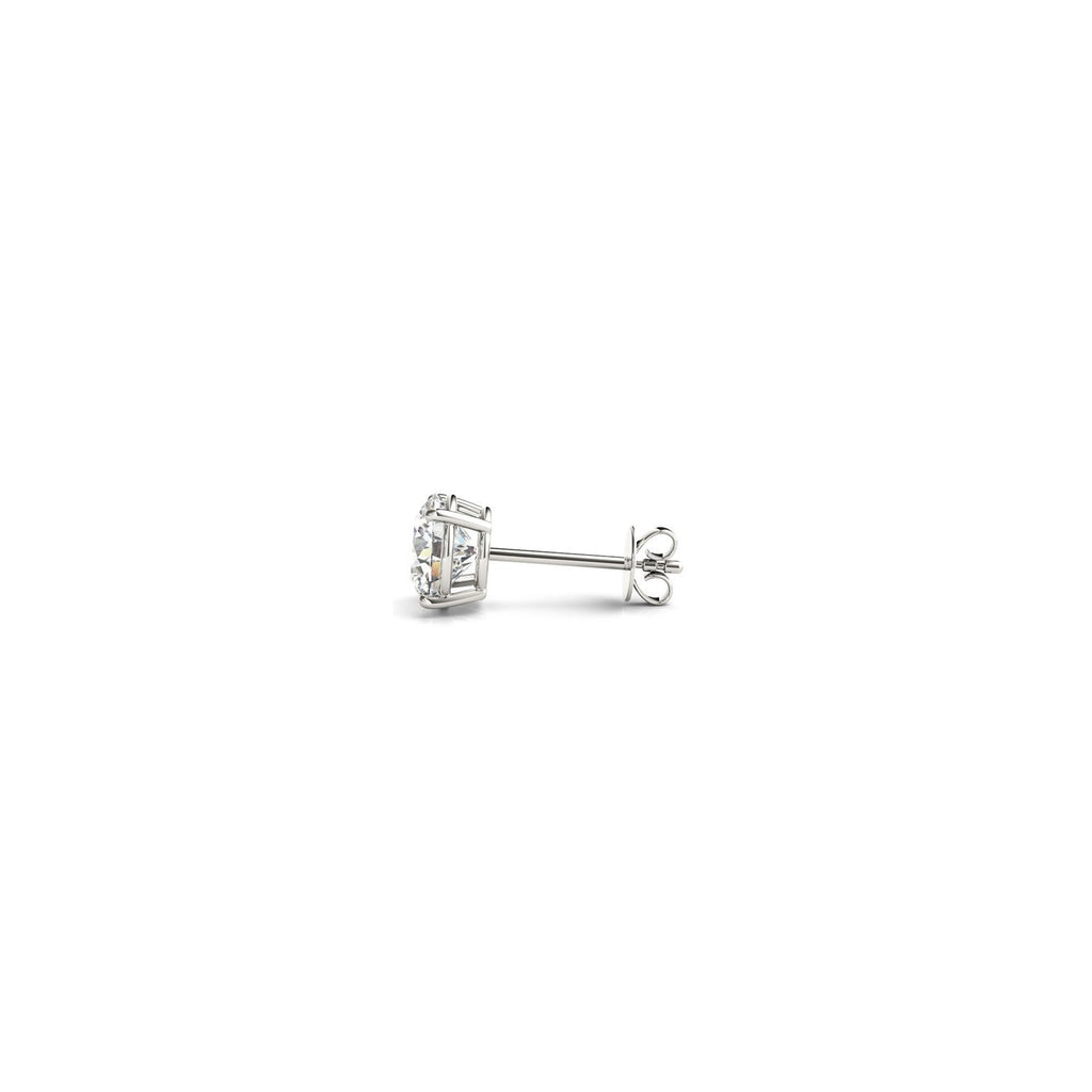 Lab-grown round diamond stud earrings in 14k white gold with G/VS2 clarity, featuring 1/2 carat total weight.