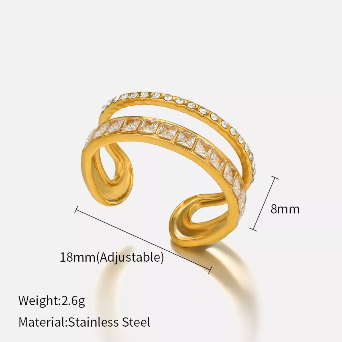 18K gold-plated rhinestone open ring with sparkling stones, stylish jewelry piece from Plush Fashion Hub.