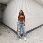 Wave Frayed Ripped Edge Denim Jeans