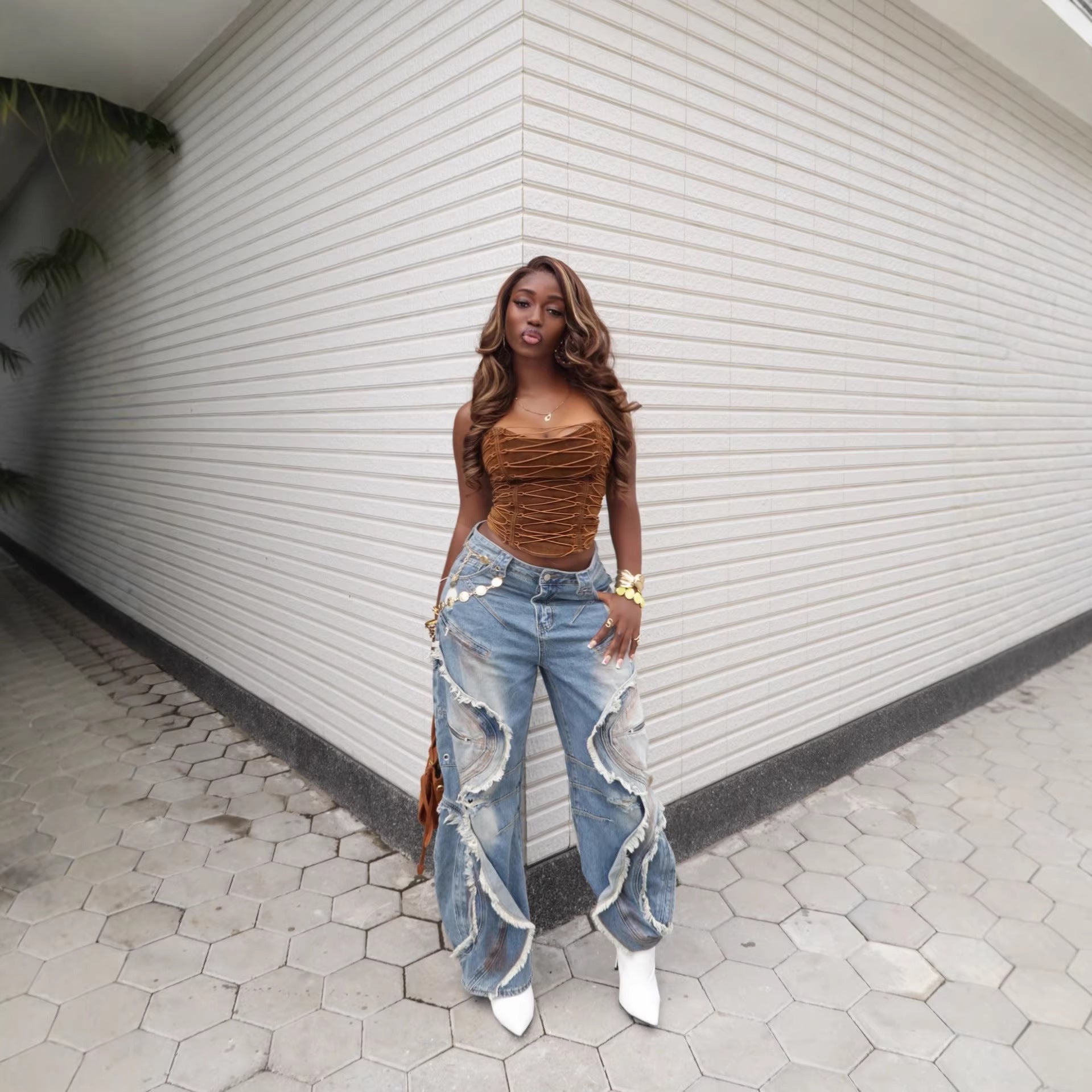 Wave Frayed Ripped Edge Denim Jeans