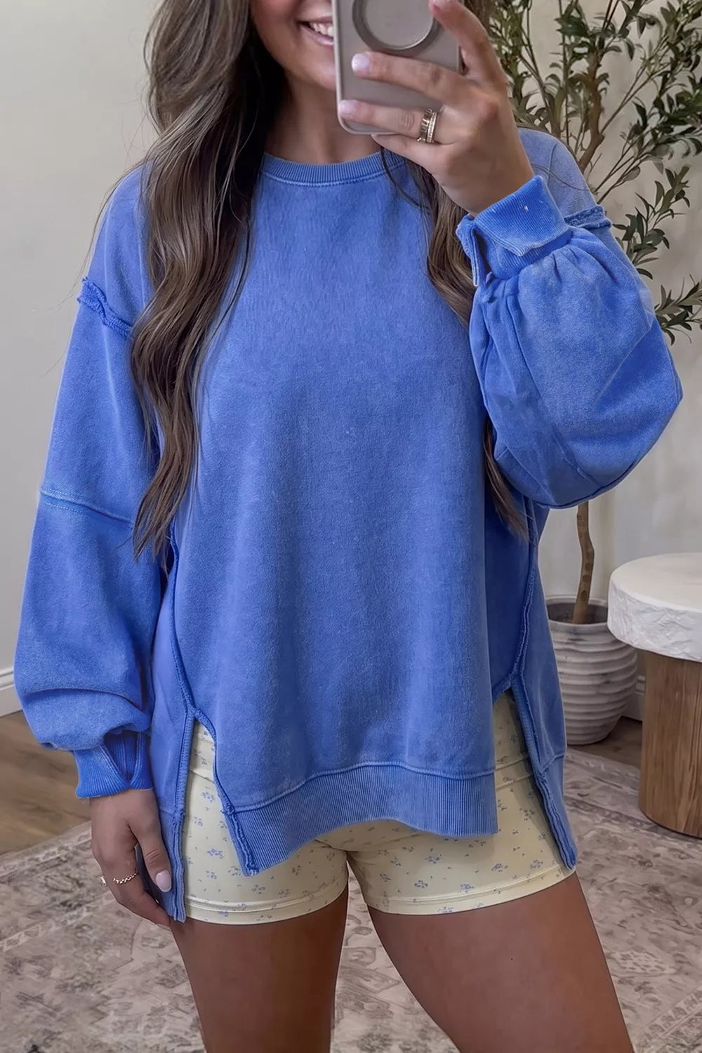 Mineral Wash Split Hem Loose Tunic Sweatshirt by Trendsi, casual sweater with relaxed fit and stylish design, front view.