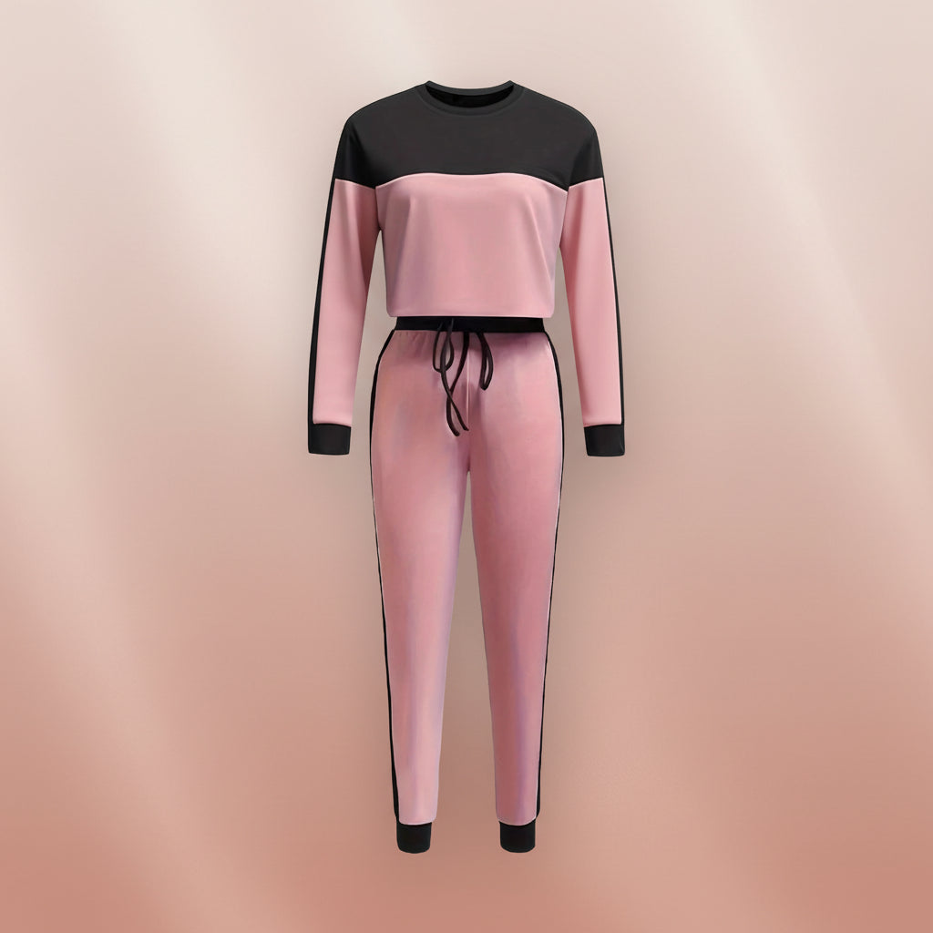 Korean-style women's casual hoodie and pants two-piece set with patchwork design, from Plush Fashion Hub, comfortable everyday wear.