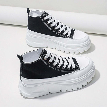 Women Lace-Up Front High Top Platform Canvas ShoesThese women's canvas shoes feature a stylish lace-up front and a high top platform design. With a flat heel, they offer both comfort and height. The height increasinShoePlush Fashion ShopPlush Fashion Shop