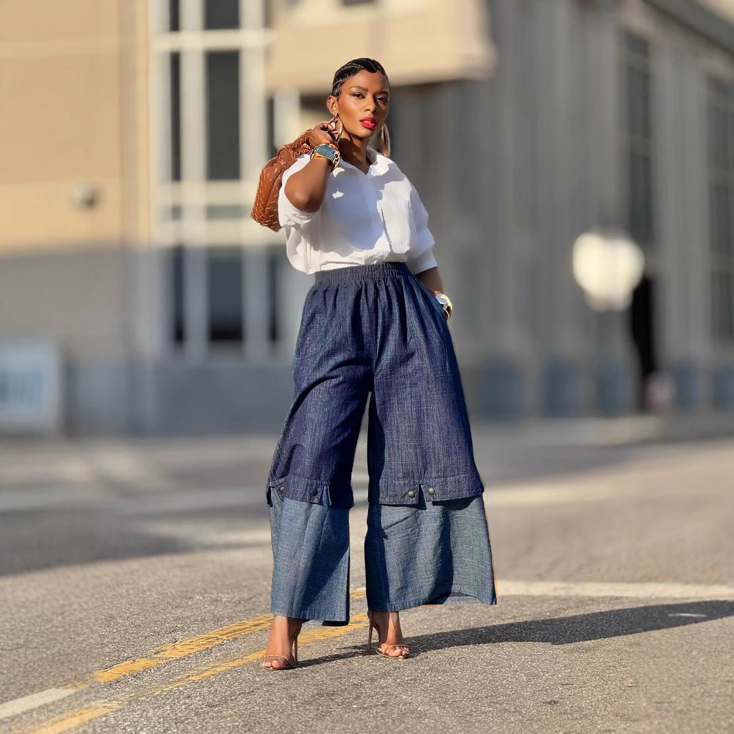 Street Style Patchwork Color-Blocking Wide-Leg Jeans