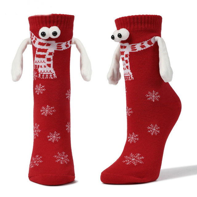 Couple Magnetic Handle Cute Hand Socks with Christmas design in red color, featuring snowflakes and a scarf pattern.