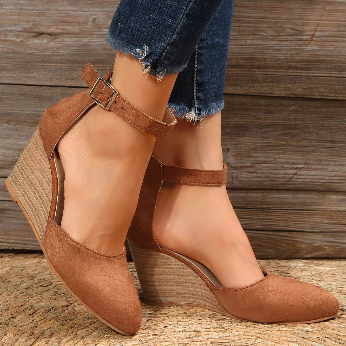 Point toe wedge sandals by Plush Fashion Hub featuring sleek design, open toe, and comfortable wedge heel for stylish summer footwear.