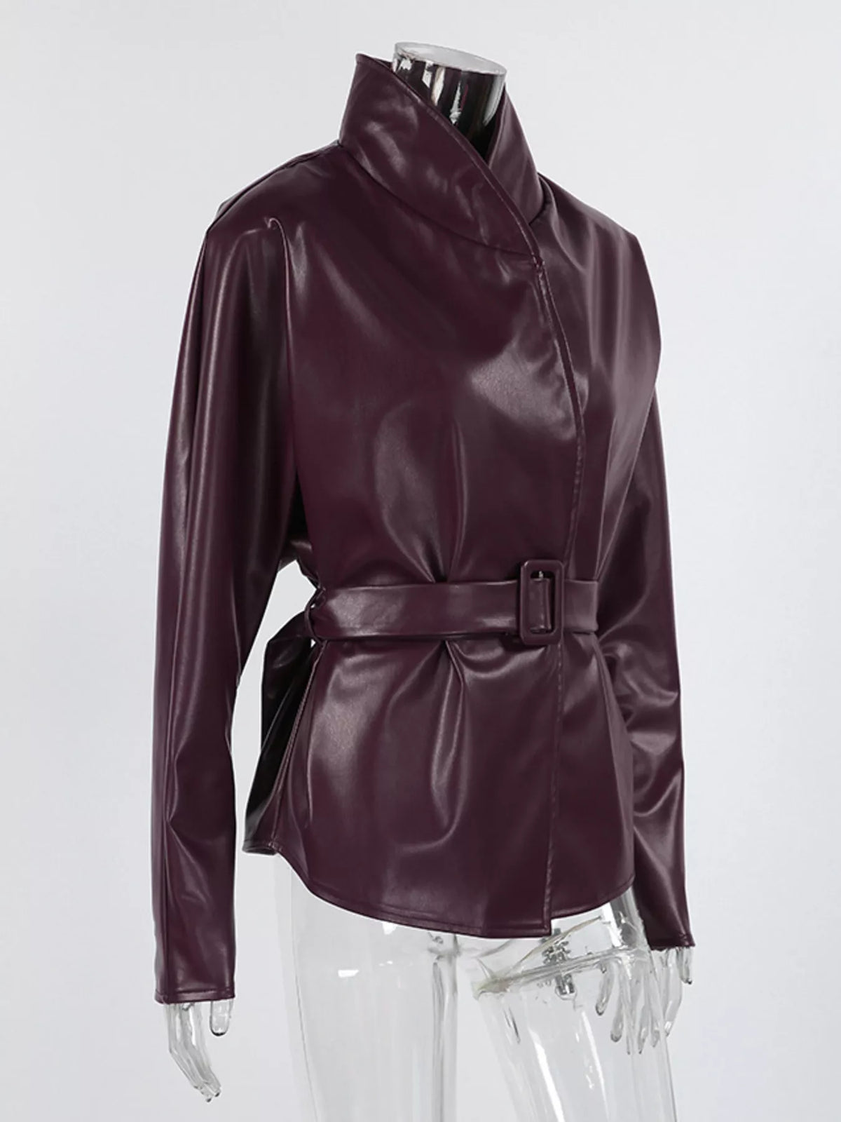 Womens faux leather jacket with stand collar and belt, stylish Trendsi jacket featuring a sleek, modern design.