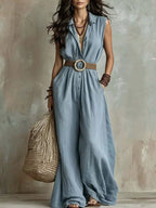 Plus size sleeveless wide leg jumpsuit by Trendsi, stylish and comfortable full-length jumpsuit with a sleeveless design.