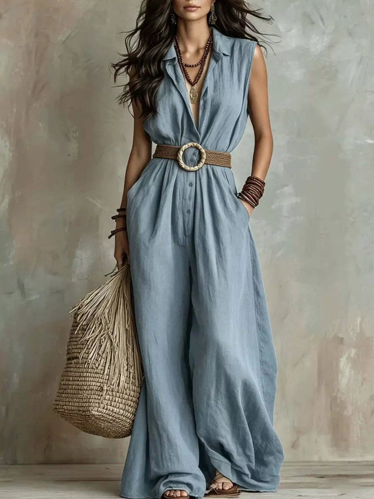 Plus size full length sleeveless wide-leg jumpsuit by Plush Fashion Hub, showcasing a stylish and comfortable jumpsuit design.