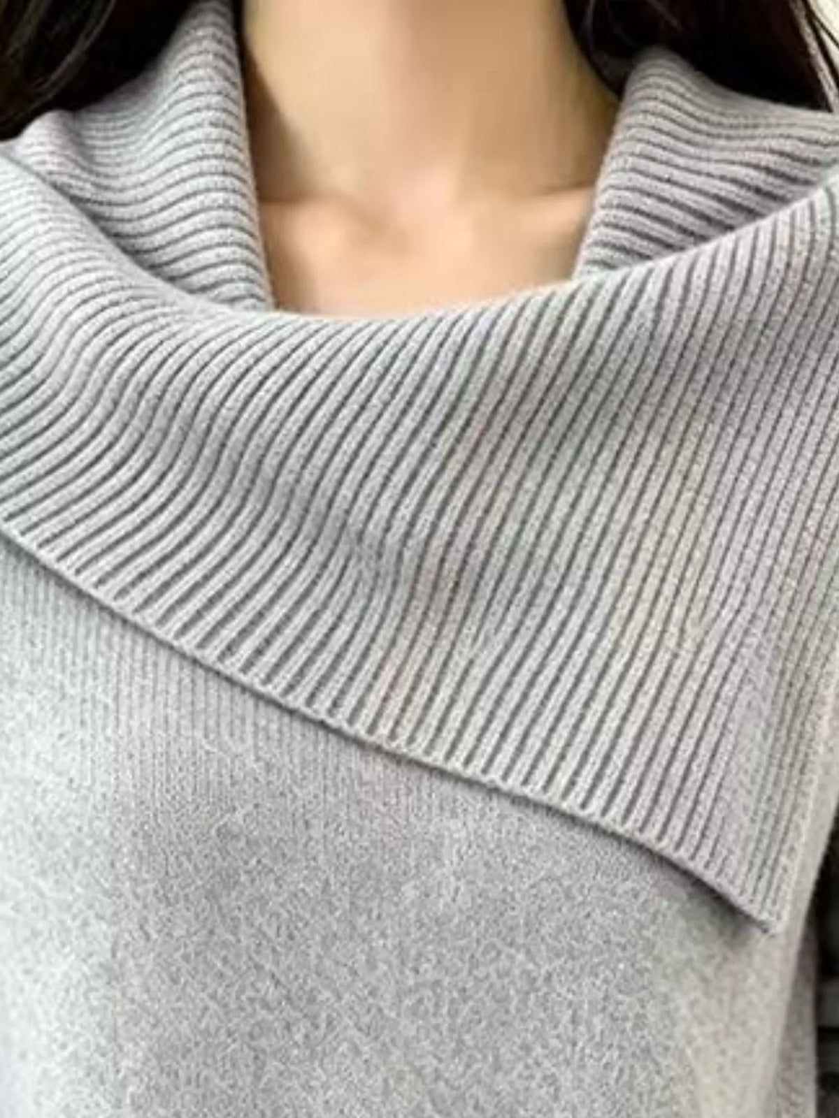 Plus size full-length sweater with asymmetric ribbed collar, featuring a cozy knit design from Trendsi.